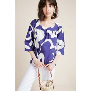Anthropologie Marimekko Aistimus Viidakko Blue Flower Blouse Top Size 34 XS